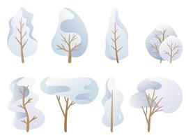 Vector illustration. A set of doodle images. Cartoon trees in a blue palette, snow-covered winter crown of different shapes. Background decoration