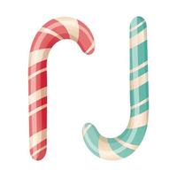 Simple isolated vector illustration of two striped Christmas candy canes in red and mint color. Festive cartoon sweets.