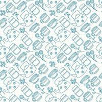 Vector illustration seamless pattern. Cute doodle tea and coffee cups, teapot and glass jar. Blue outline, background decoration in the style of a checkered notebook sheet.