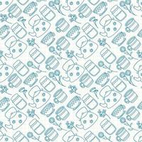 Vector illustration seamless pattern. Cute doodle tea and coffee cups, teapot and glass jar. Blue outline, background decoration in the style of a checkered notebook sheet.