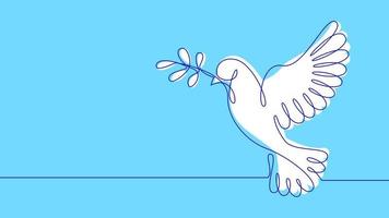 White dove of peace in one line on a blue background. International Day of Peace. Banner with copy space. Vector stock illustration.