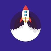 Taking off space rocket on a blue background. Startup concept, speed. Vector stock illustration in flat style.