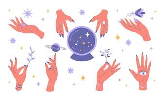 Set of magical female hands isolated on white background.Mystical elements.Vector stock illustration. vector