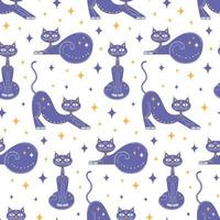 Gatos mágicos místicos patrón sin costuras. Diseño de tela, papel tapiz. Ilustración de vector de stock.