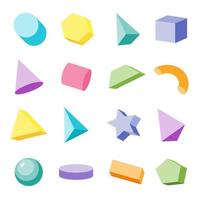 Set of multicolored three-dimensional geometric primitive shapes isolated on white background. Vector stock illustration.