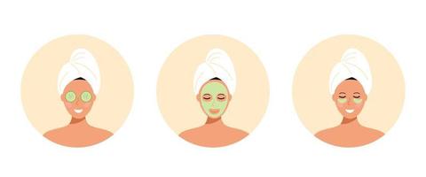 A set of woman in a towel cares for the skin of the face. Makes a face mask, patches and cucumber slices over the eyes. Stock vector illustration.