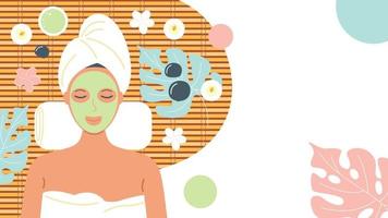 A woman in a spa salon in a turban with a mask on her face lies on a mat. The concept of relaxation, beauty and skin care. Banner with copy space. Vector stock illustration.