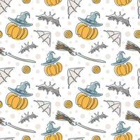 Halloween seamless pattern in one line style. A pumpkin with a hat, a broom, a spider web and a bat. Stock vector illustration.