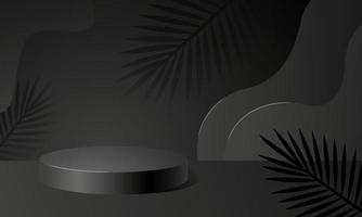 Abstract black background scene with 3D cylinder platform, palm leaves. A podium for the demonstration of cosmetic products. Vector stock illustration.