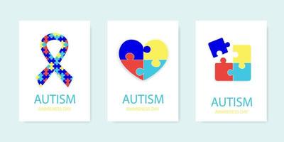 Autism awareness day, jigsaw puzzle, set of flyers with inscription, ribbon heart and square symbols. Vector stock illustration.