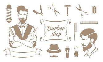 Barbershop tools, male hairdresser in simple style set isolated on white background. Vector stock illustration.