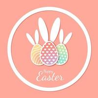 Happy Easter, Easter eggs with bunny ears banner with text in cut paper style. Vector stock illustration.