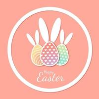 Happy Easter, Easter eggs with bunny ears banner with text in cut paper style. Vector stock illustration.