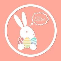 Happy easter, easter bunny eggs, banner with text in cut paper style. Vector stock illustration.