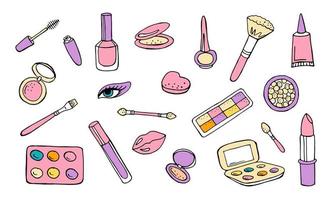 Set of cosmetics for make-up hand drawing sketch in color isolated on white background. Mascara, eyeshadow palette, lipstick and brushes. Stock vector illustration.