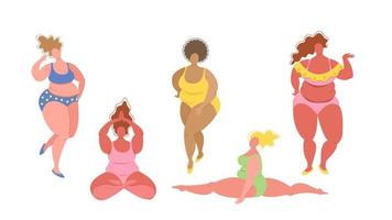 Plus size women in swimwear set isolated on white background in flat style. Body positive concept, love your body. Vector stock illustration.