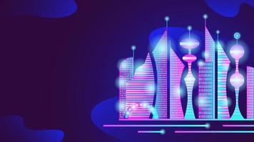 Futuristic abstract neon city with high-rise buildings. Banner with copy space. Vector stock illustration.