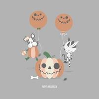 happy halloween holiday festival with cute french bulldog pug, mummy cat and pumpkin, flat vector illustration cartoon character design