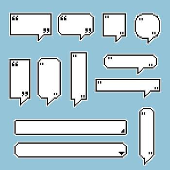 collection set of retro game 8 bit line pixel speech bubble balloon black and white color with shadow, flat design vector illustration