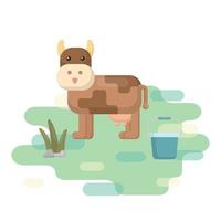 brown cow stood in the middle of the meadow, and there was a bucket of water on its side vector