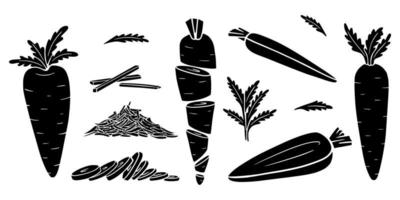 Carrot silhouettes in Doodle style. Collection of hand-drawn vegetables. A set of elements isolated on a white background. For food packaging design, Black and white vector illustration.