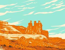 tres chismes dentro del grupo de torres del palacio de justicia en el parque nacional arches utah wpa poster art vector