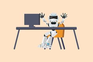 Business design drawing happy robot sitting with raised hands near desk with computer. Future technology development. Artificial intelligence machine learning. Flat cartoon style vector illustration