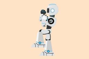 Business design drawing happy robot standing with raised one leg and doing yes gesture. Future technology development. Artificial intelligence machine learning. Flat cartoon style vector illustration