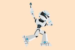 Business flat cartoon style drawing happy robot standing with crossing arms and look down. Modern robotic artificial intelligence. Electronic technology industry. Graphic design vector illustration