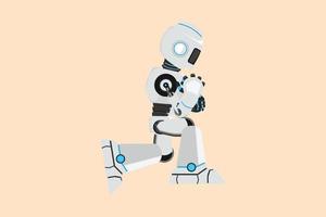 Business design drawing happy robot bow with yes gesture. Successful victory achievement. Future technology development. Artificial intelligence and machine learning. Flat cartoon vector illustration