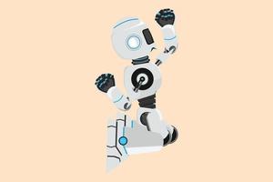 Business flat drawing happy robot kneeling with raised one hand high and raised other. Success goals. Humanoid robot cybernetic organism. Future robotic development. Cartoon design vector illustration