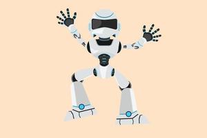 Business design drawing happy robot jump with both hands raised. Future robotic technology development. Artificial intelligence and machine learning processes. Flat cartoon style vector illustration