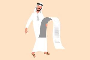 Business flat drawing depressed Arabian businessman standing thinking about finding money for paying bills during crisis. Financial problems and bankruptcy concept. Cartoon design vector illustration