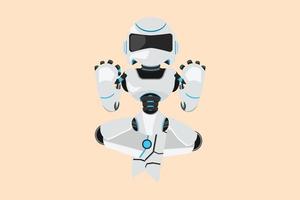 Business flat cartoon style drawing happy robot kneeling with both hands yes gesture, celebrating success. Robotic artificial intelligence. Electronic technology. Graphic design vector illustration