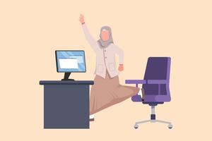 Business design drawing happy Arab businesswoman jumping and dancing on her workplace. Female manager celebrating success of increasing company's product sales. Flat cartoon style vector illustration