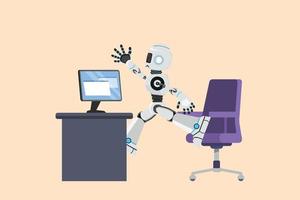 Business flat drawing happy robot jumping and dancing on his workplace, computer desk. Celebrating success. Humanoid robot cybernetic organism. Robotic development. Cartoon design vector illustration