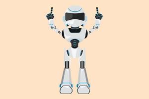 Business flat drawing happy robot standing with both hands pointing index fingers up. Celebrate win. Humanoid robot cybernetic organism. Future robotic development. Cartoon design vector illustration