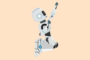 Business flat cartoon style drawing happy robot kneeling with celebrating goal pose. Success business. Robot artificial intelligence. Electronic technology industry. Graphic design vector illustration