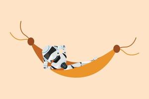 Business flat drawing happy robot lying and sleeping in hammock. Comfort, vacation, and recreation. Humanoid robot cybernetic organism. Future robotic development. Cartoon design vector illustration