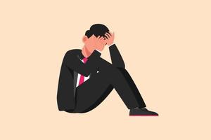 Business design drawing depressed businessman feeling sad sitting on the floor. Stressed office worker losing job. Financial crisis. Depression people concept. Flat cartoon style vector illustration