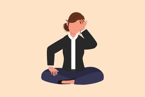 Business design drawing businesswoman who is asking questions or confused because she gets into problem. Running out of ideas, daydreaming, sad, sick, depressed. Flat cartoon style vector illustration