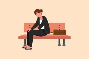 Business flat drawing depressed businesswoman sitting at bench park alone. Female manager suffering from depression, experiences dismissal, difficult life situation. Cartoon design vector illustration