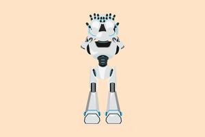 Business design drawing depressed robot standing and holding head, feeling headache. Future technology development. Artificial intelligence and machine learning. Flat cartoon style vector illustration