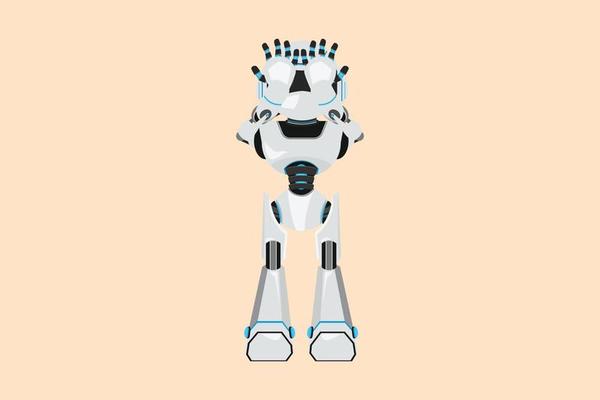 Business design drawing depressed robot standing and holding head, feeling headache. Future technology development. Artificial intelligence and machine learning. Flat cartoon style vector illustration