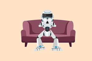 Business design drawing depressed robot sitting on sofa and holding head. Lonely cyborg sitting on couch. Future technology development. Artificial intelligence. Flat cartoon style vector illustration