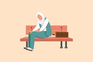Business design drawing depressed Arab businesswoman sitting at bench park alone. Manager suffering depression, experiences dismissal, difficult life situation. Flat cartoon style vector illustration