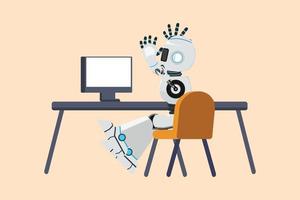 Business flat cartoon style drawing back view happy robot completed task and triumphing with raised hands on desk, workplace. Modern robotic artificial intelligence. Graphic design vector illustration