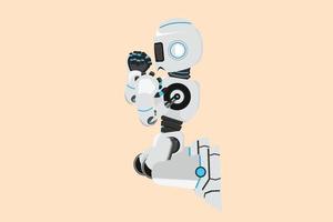 Business flat drawing happy robot kneeling with both hands yes gesture. Success business goal target. Humanoid robot cybernetic organism. Future robotic development. Cartoon design vector illustration