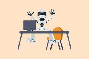 Business flat cartoon style drawing happy robot jumping with raised hands near desk workplace. Modern robot artificial intelligence. Electronic technology industry. Graphic design vector illustration