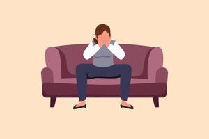Business design drawing sad and depressed businesswoman sitting on sofa and holding her head. Lonely female sitting on couch. Failure and losing job concept. Flat cartoon style vector illustration